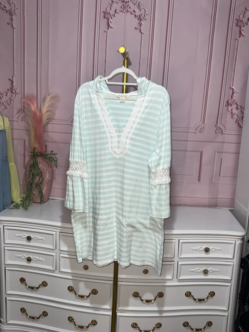 🌿💚 100% Cotton Mint Stripe Hoodie Midi Dress / Beach Pullover 💚🌿